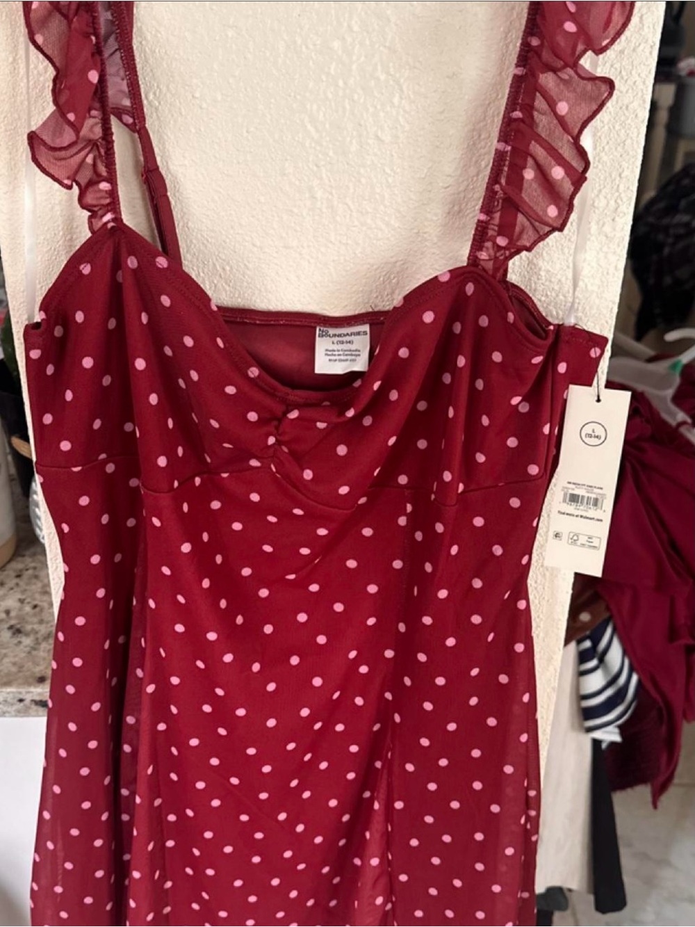 No Boundaries Burgundy Polka Dot Ruffle Strap  Dress